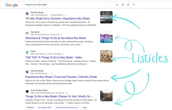 صفحة نتائج بحث لكلمة &quot;أشياء يمكن القيام بها في أبوظبي&quot; تعرض مقالات بصيغة القوائم