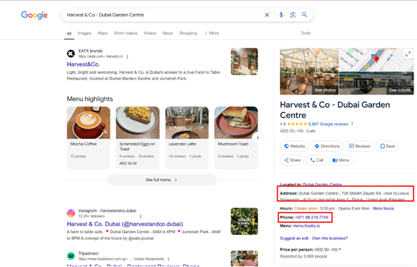 مثال لملف تعريف Google Business في دبي