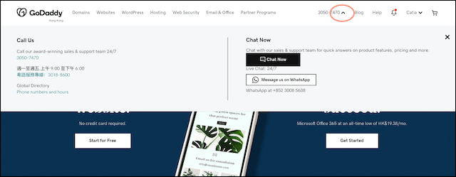 GoDaddy-home-page-with-cotact-us-drop-down