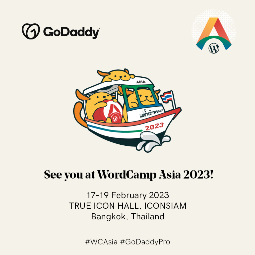 GoDaddy at WordCamp Asia 2023 featuring WordPress Wapuu