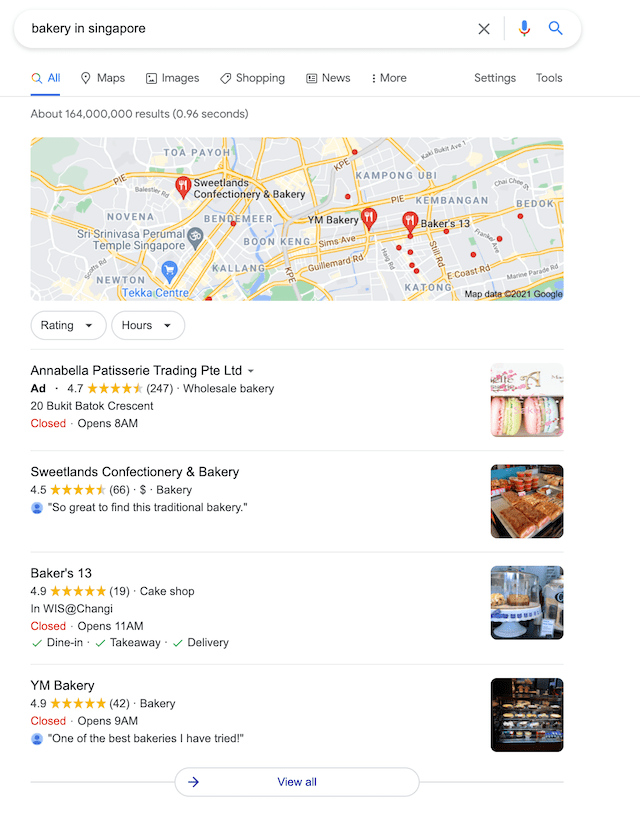 Example of SEO: A local 3-pack search result from Google when a user searches “bakery in Singapore”