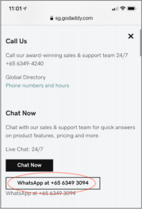 GoDaddy contact us screen on mobile