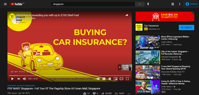 Screenshot sample of SEM ads in video form in YouTube