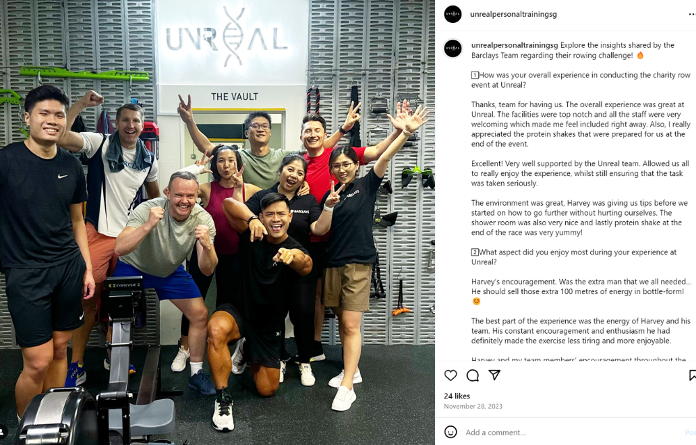 ALT TEXT: AN INSTAGRAM POST ON UNREAL PERSONAL TRAINING’S ACCOUNT SHOWCASING THE COMMUNITY SPIRIT AMONG THE CLIENTS.