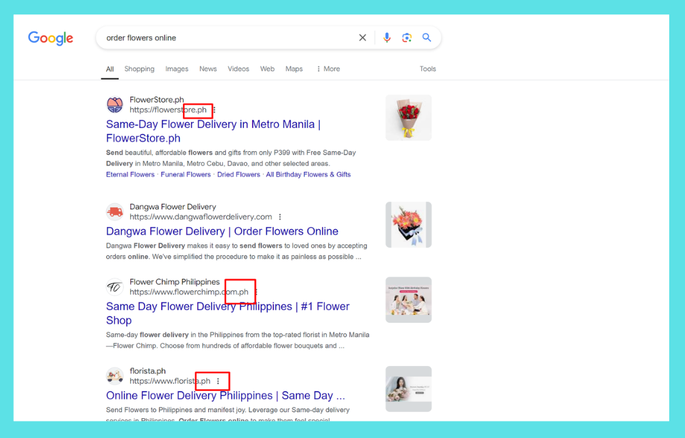 FILIPINO SERP FOR THE KEYWORD “ORDER FLOWERS ONLINE’ REVEALED THAT DOMAINS WITH .PH CCTLDS ARE RANKING IN THE TOP SPOTS