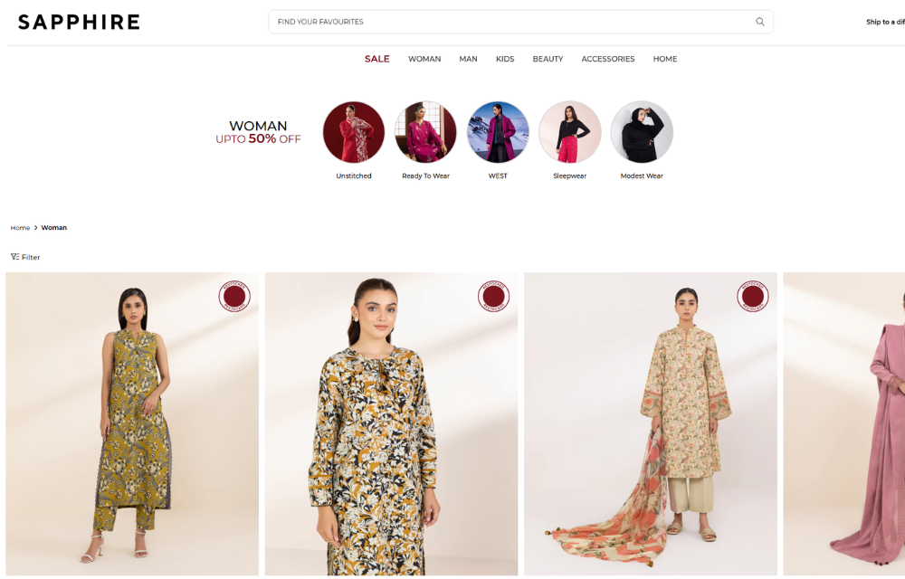 WOMEN’S SECTION OF SAPPHIRE’S ONLINE STORE