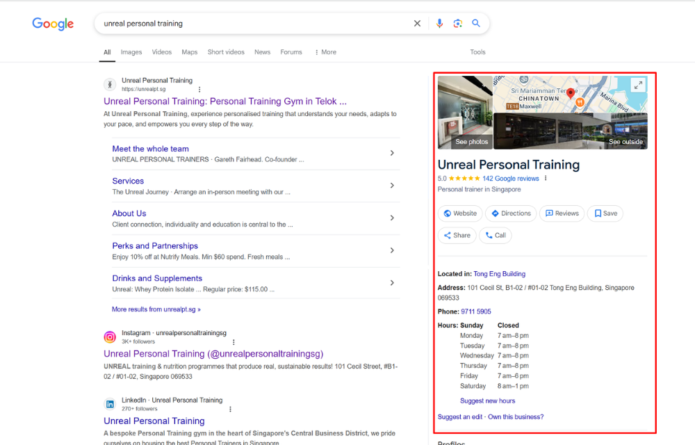 GOOGLE BUSINESS PROFILE OF UNREAL PERSONAL TRAINING, A PERSONAL TRAINING GYM IN SINGAPORE