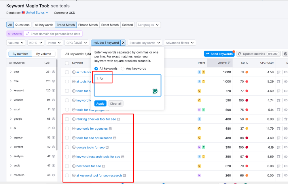 SEMRUSH’S KEYWORD FILTER