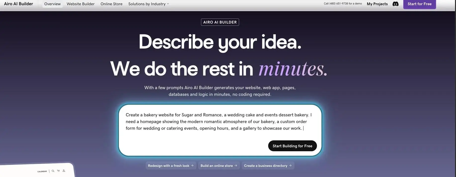 Bakery website prompt entered in AI Airo Builder.