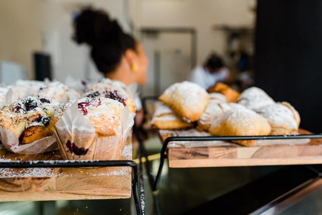 Closeup of racks of pastries for sale