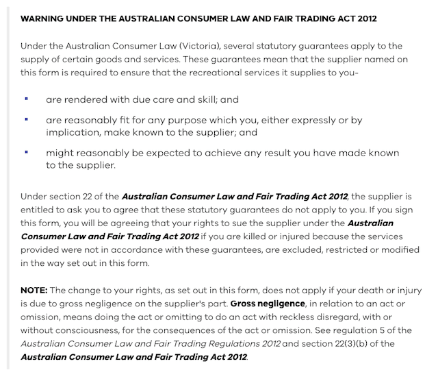 Copy of Sample Waiver Form Required in Victoria