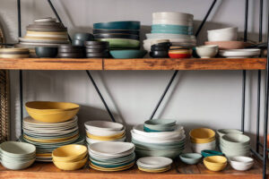 Colourful plates and bowls on wooden shelves