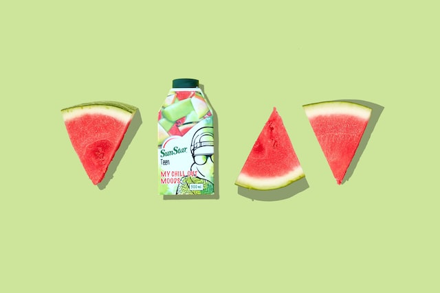 Product photo featuring beverage and sliced watermenlon