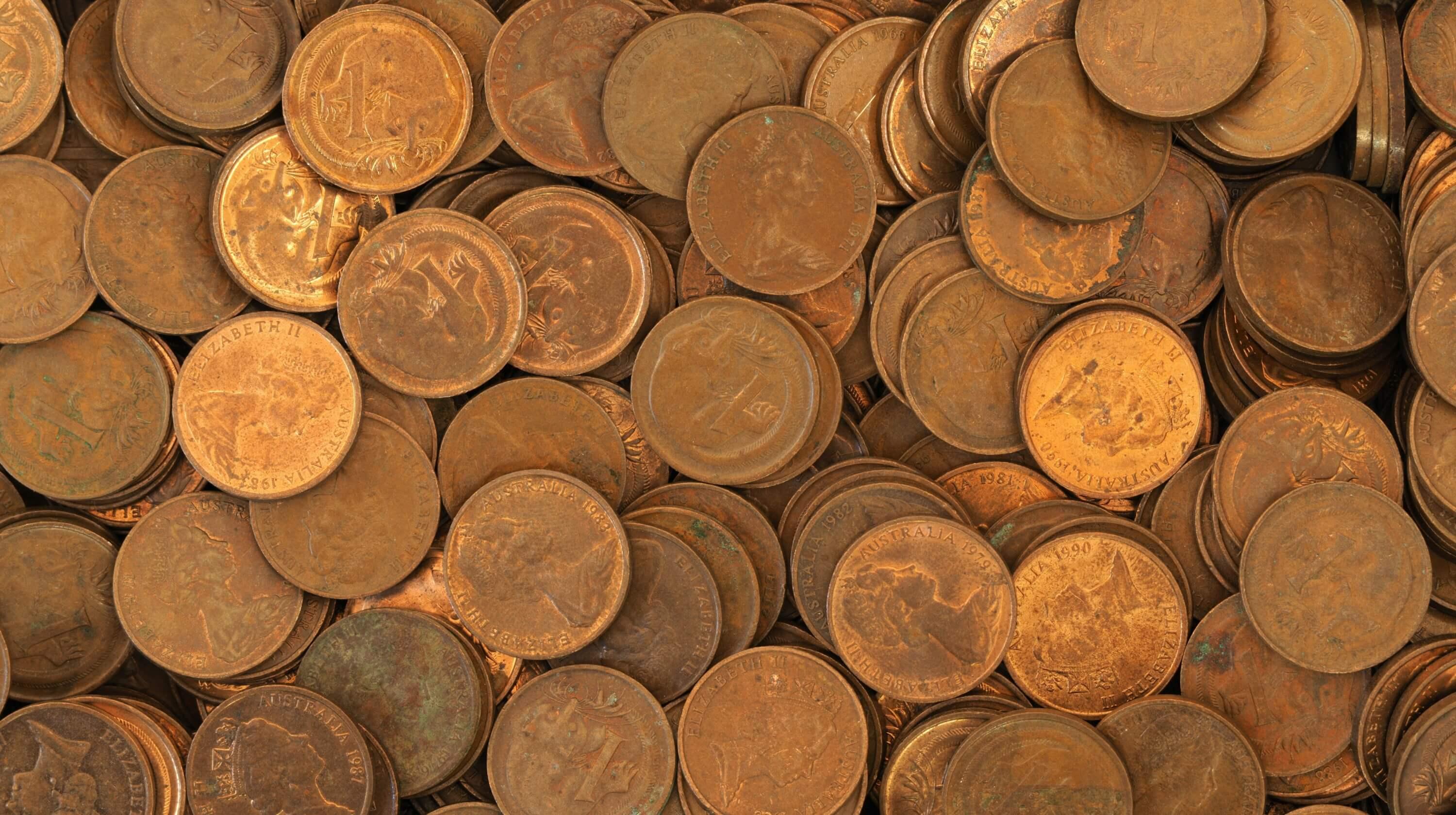 Closeup of tarnished Australian coins