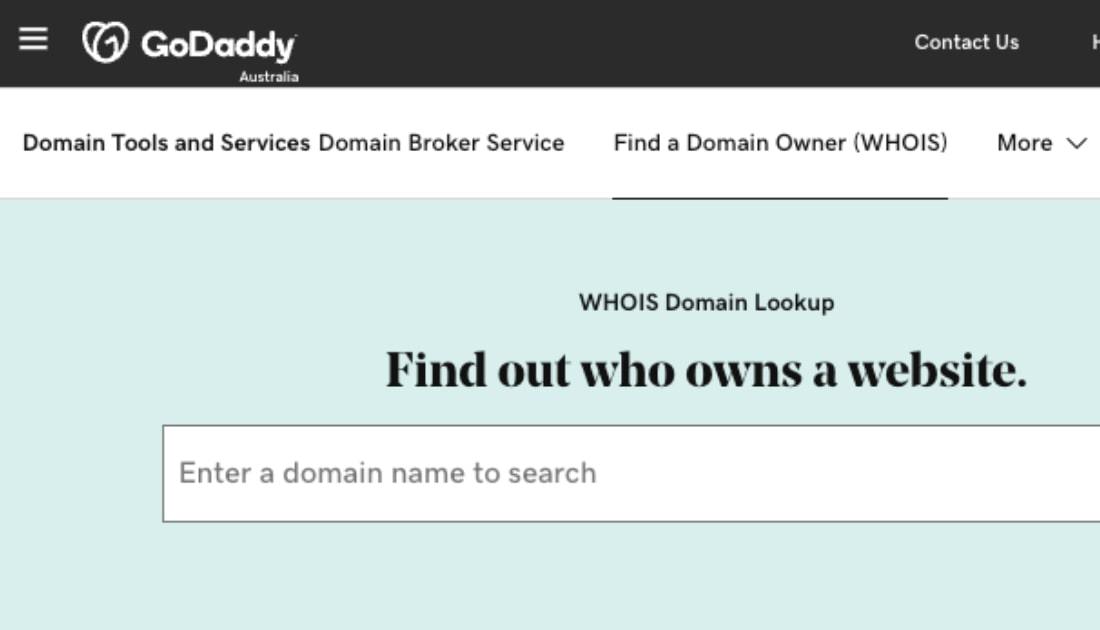 GoDaddy domain lookup page (WhoIs)