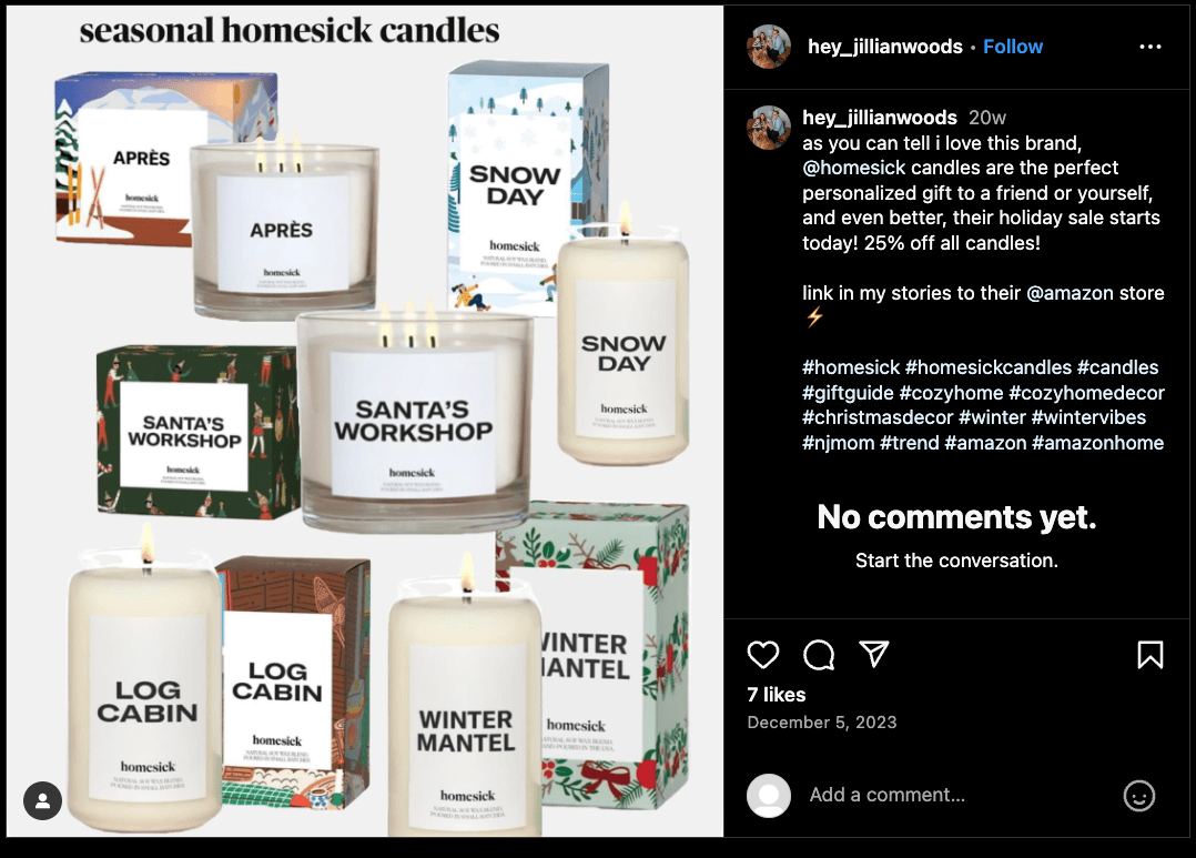 Example of hashtags Homesick Candles