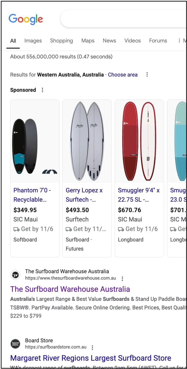 Google search results for "WA surfboards"