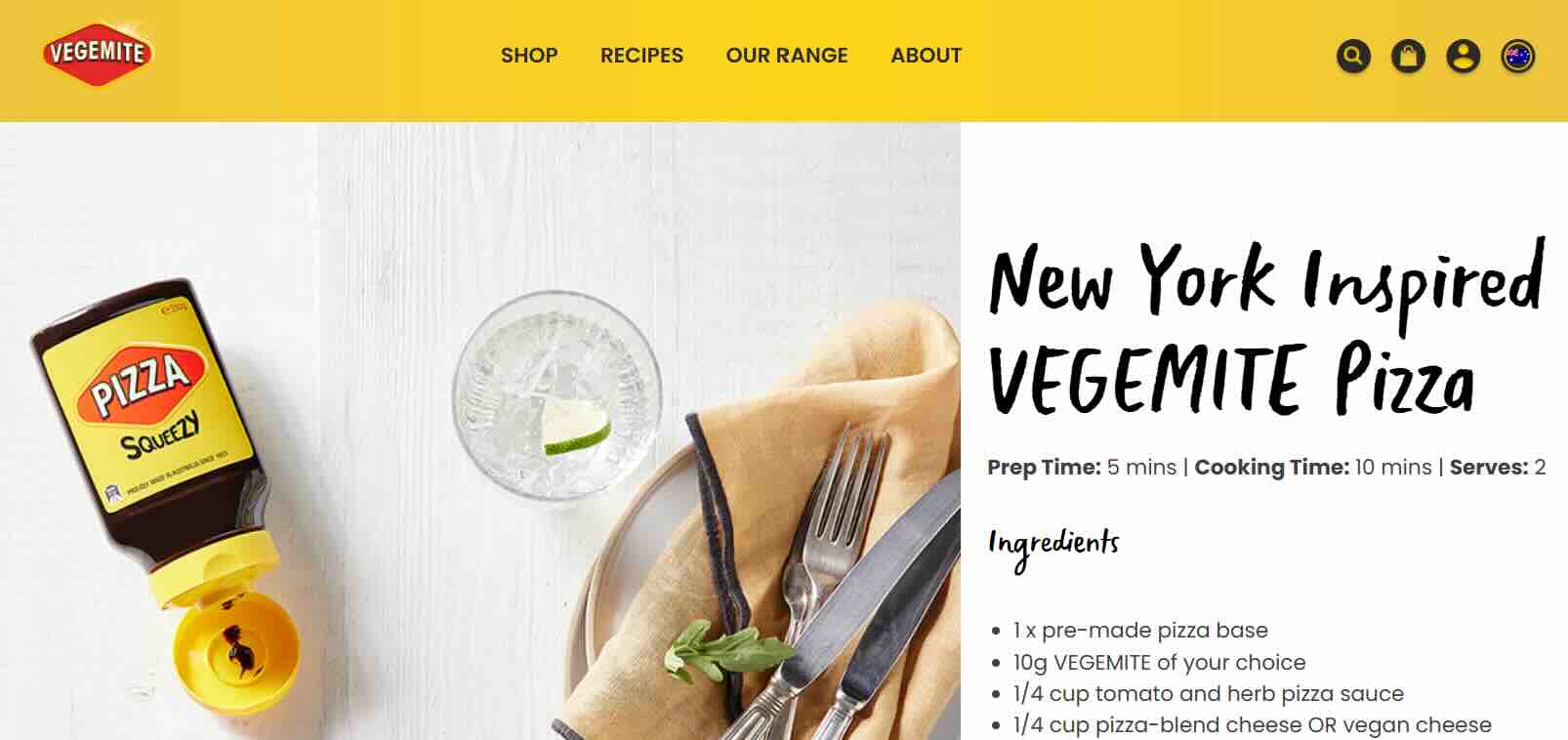 Screenshot of Vegemite Pizza landing page.