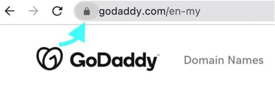 Screenshot of GoDaddy domain on address bar showing a padlock icon.