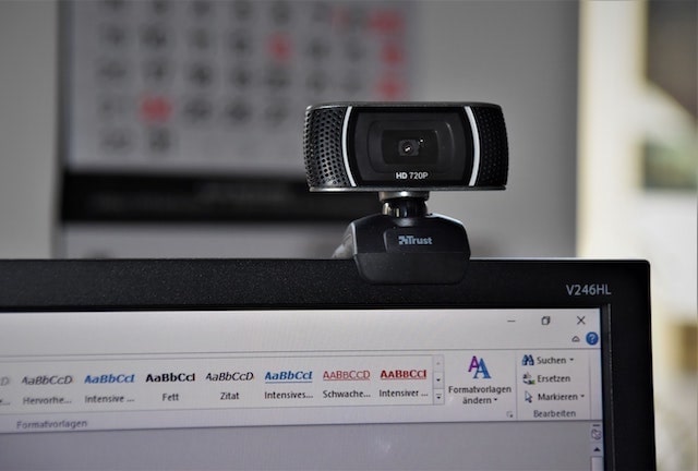 Webcam perched on top computer monitor