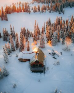 Overhead view of snow-covered cabin