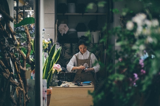 Florist viewed through shop window