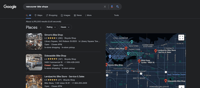 Google search results for Vancouver bike shops