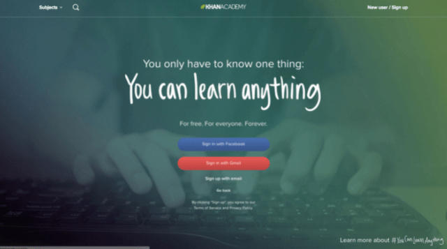 Khan Academy landing page