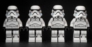 Row of Lego Star Wards stormtroopers