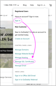 Screenshot showing how to find your SSL from the GoDaddy home page