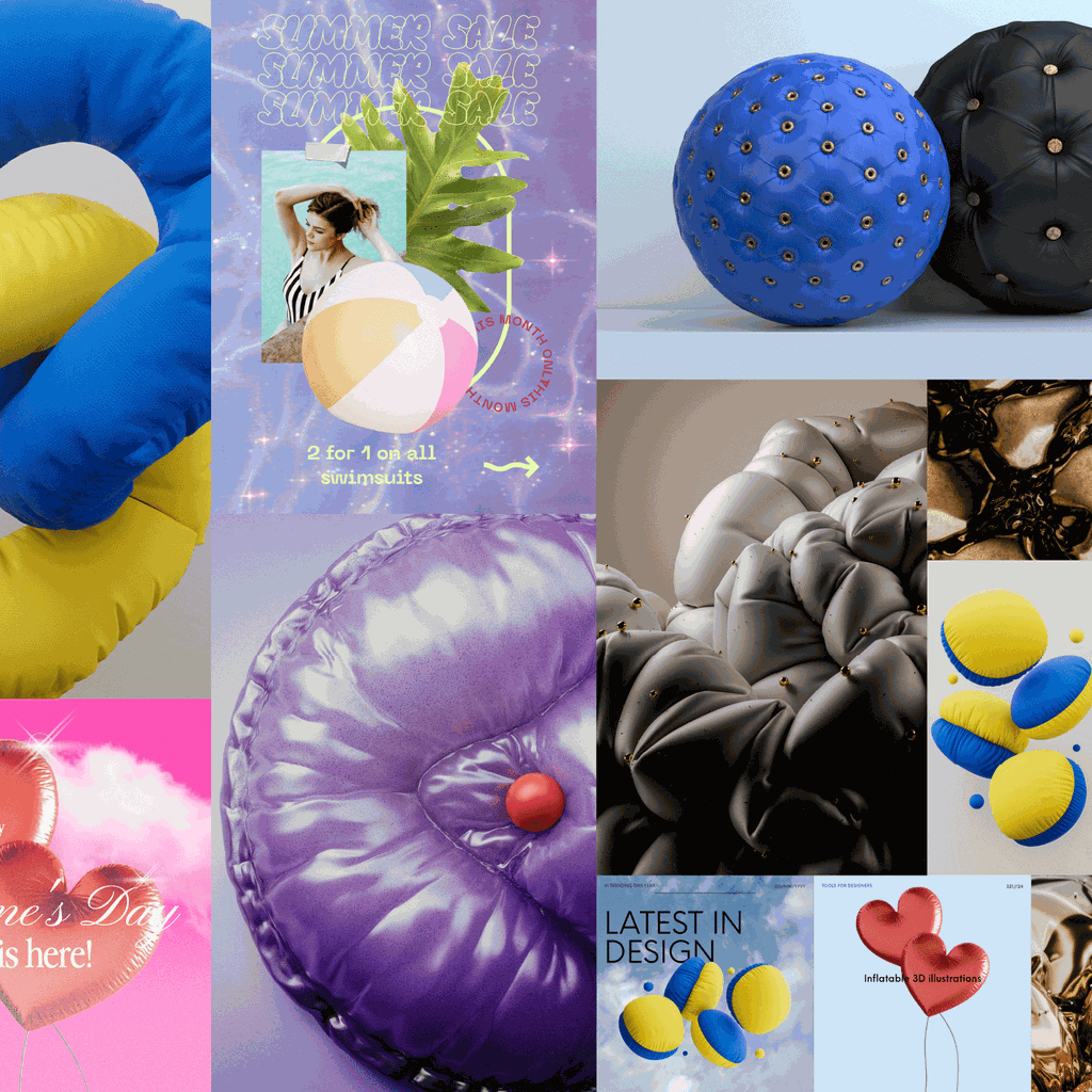 Mood board made up of images showing stuffed balls, balloons and cubes floating in space. The fun vibe is buoyed by the use of bright yellow, cobalt blue, purple, red and pink.