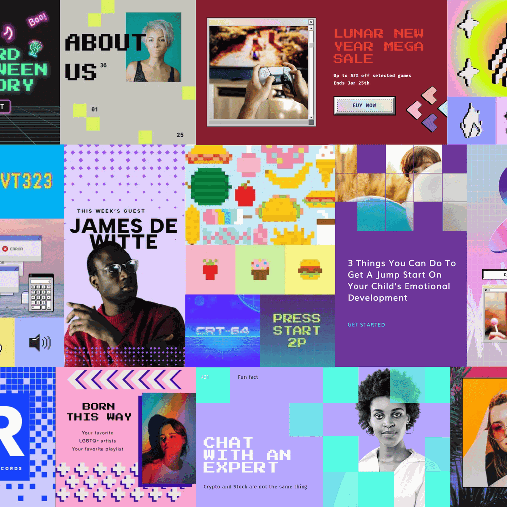 80's bytes mood board made up of designs that use pixelated type and imagery to reference the early days of video games. Photos of people are lifted out of their natural backgrounds and presented against vibrant backgrounds of lilac and teal.
