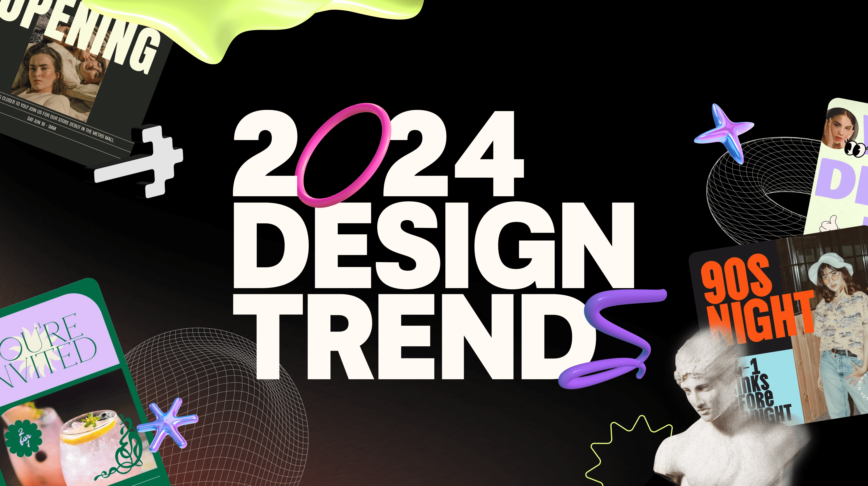 A vibrant graphic featuring the text "2024 DESIGN TRENDS" in bold, white font centered on a black background. Around the text are various colorful elements, including a neon green splash, pink and purple rings, a starfish icon, and a wireframe sphere. There are also several overlapping images resembling event flyers or magazine cutouts with different themes, such as a "90s Night" promotion, a classical statue, and an invitation card. The composition suggests a dynamic collage of design elements representing upcoming trends.