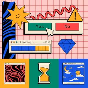 A colorful, abstract collage featuring digital and hand-drawn elements. There is a smiling cartoon sun next to a zigzagging line and a warning triangle. Below, a cursor hovers over a green "Yes" button, next to a red "No" button. A progress bar window reads "Loading..." with a blue fill indicating progress. There's a diamond shape to the right. The bottom section shows three stylized windowpanes: one with red and black wavy lines, another with an hourglass, and the third depicting a nighttime scene with a moon, stars, and a sun. The background is a grid pattern, pink on the top and green on the bottom