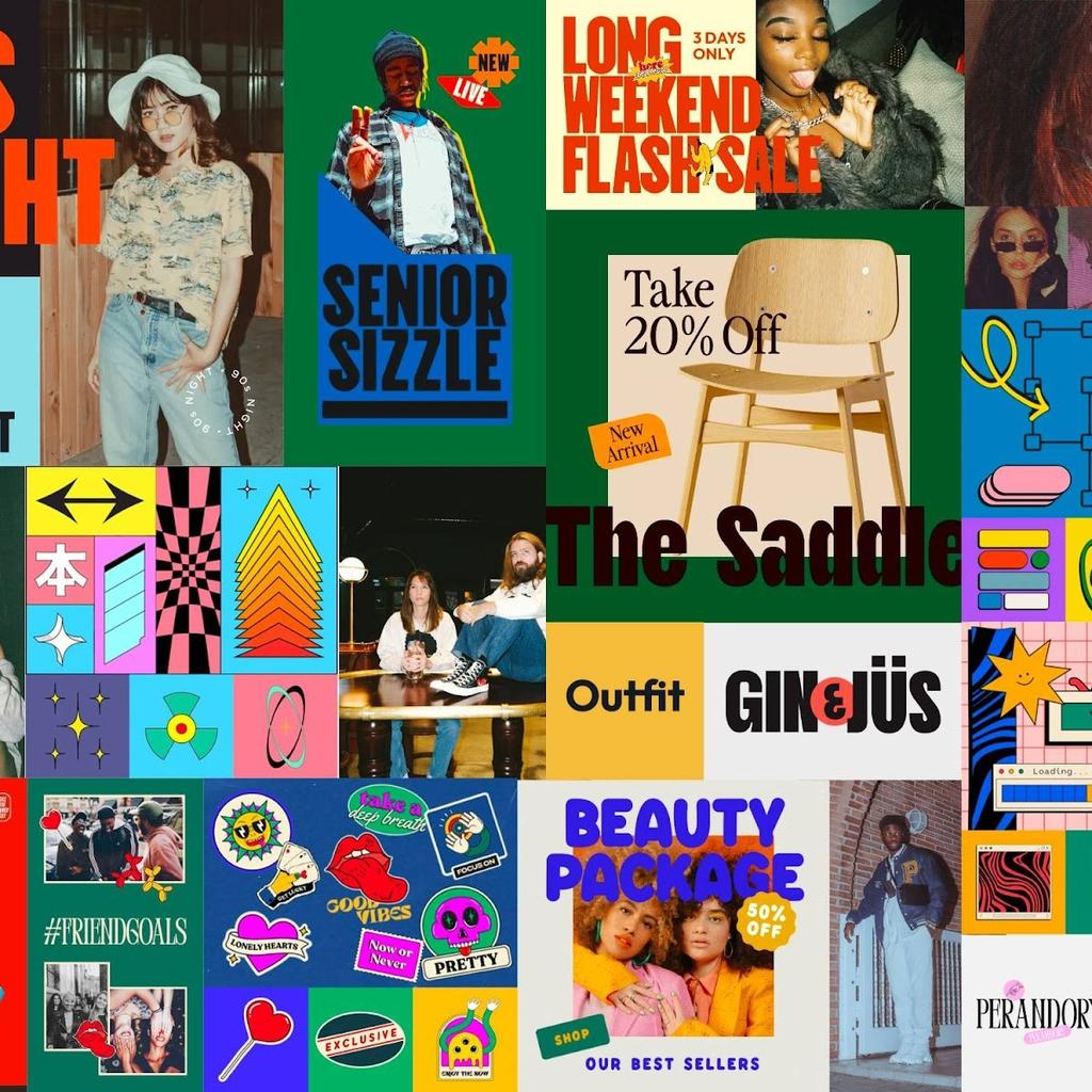 A collage of various colorful graphic designs and photographs that evoke a retro 1990s aesthetic. The designs include promotional material for events like "90s NIGHT" with "2-4-1 Drinks Before Midnight," sales advertisements like "LONG WEEKEND FLASH SALE," and fashion-related imagery with terms such as "SENIOR SIZZLE" and "Outfit." There are also images of people dressed in 90s style clothing, a wooden chair advertised with "Take 20% Off," and other assorted graphics that include a Magic 8 Ball, floppy disks, and abstract shapes. The overall theme is vibrant and eclectic, mixing bold text, nostalgic imagery, and playful elements to create a visually stimulating montage