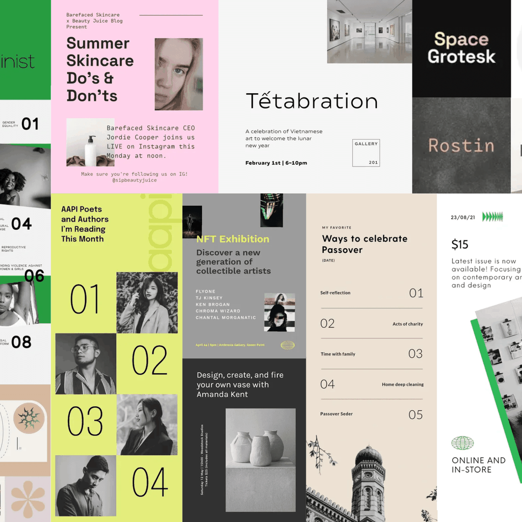 Collage of designs that combine oversized and undersized numbers and letters against calming backgrounds (with one exception). Black and white photography is favored in this design style