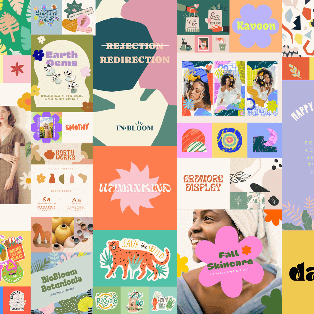 This mood board shows designs that combine modern colors and shapes with earth-friendly messaging.
