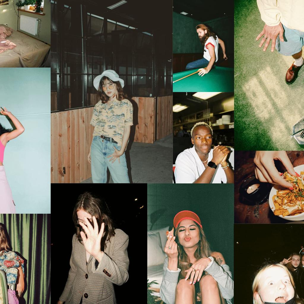 Lo-fi collage of candid, casual party pics. Includes photos of people doing the stupid human tricks we do at parties.