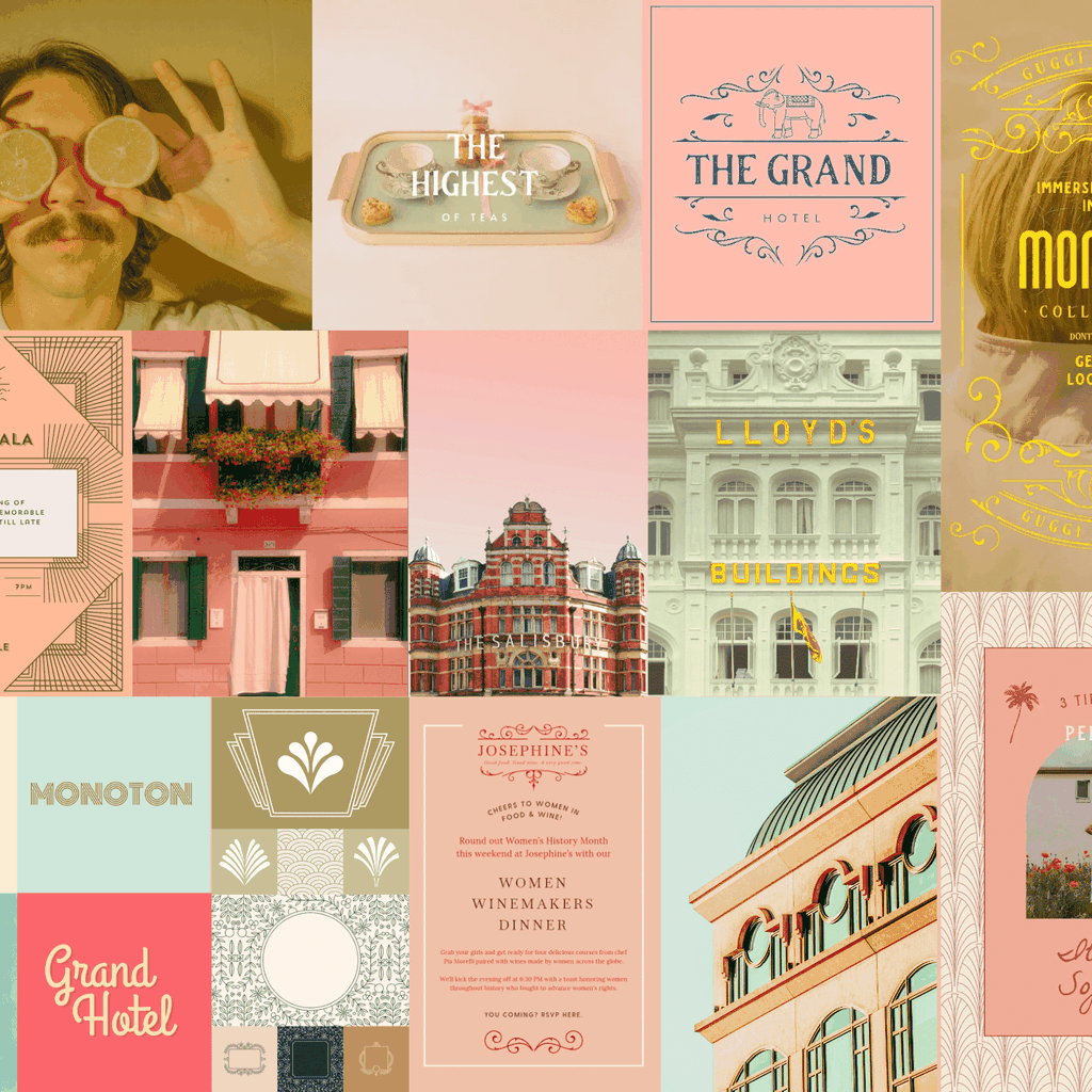 The Wes effect mood board is dominated by sunny Caribbean pastels, unexpected typefaces and vintage flourishes.