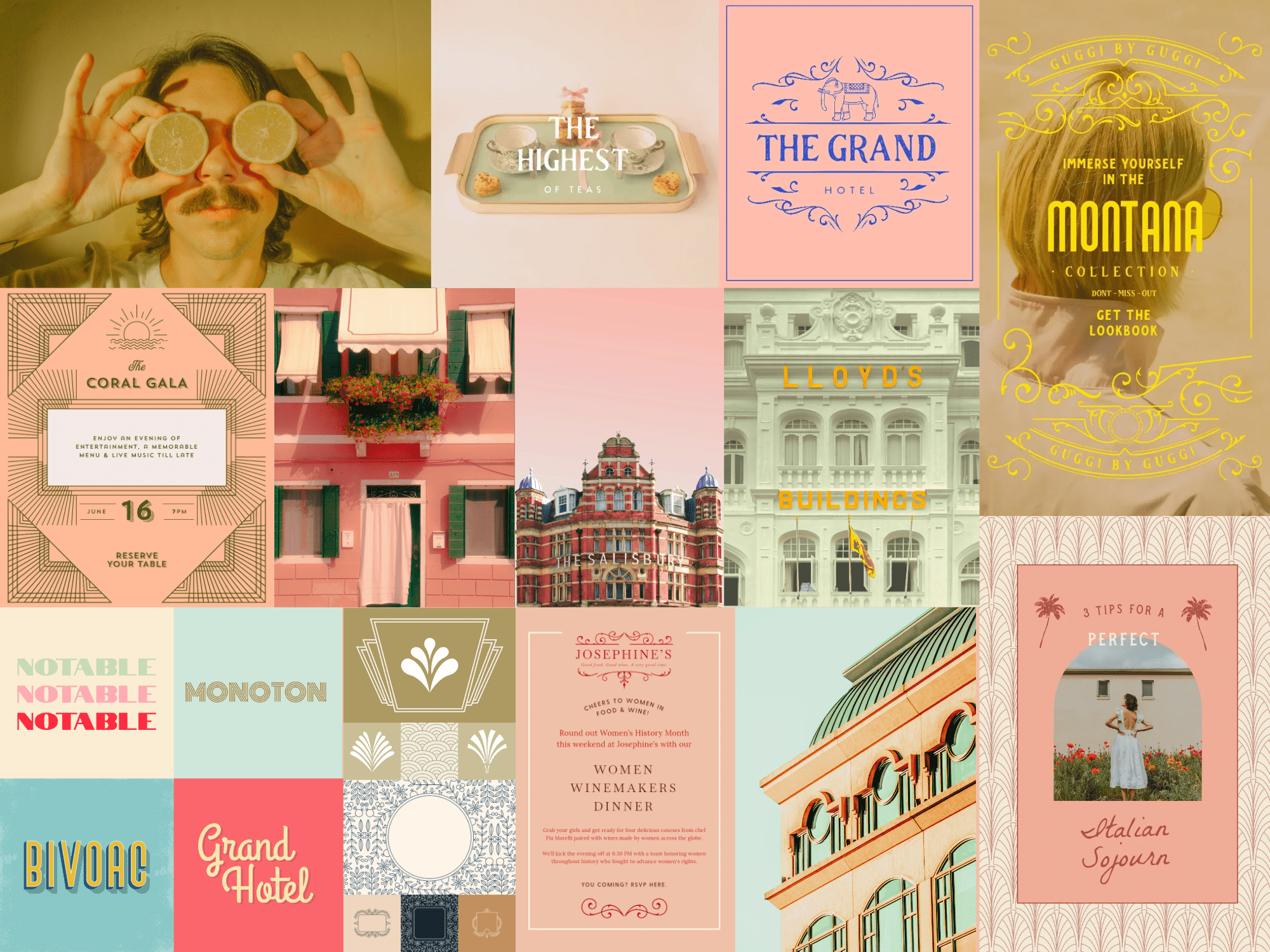 The Wes effect mood board is dominated by sunny carribbean pastels, unexpected typefaces and vintage flourishes.