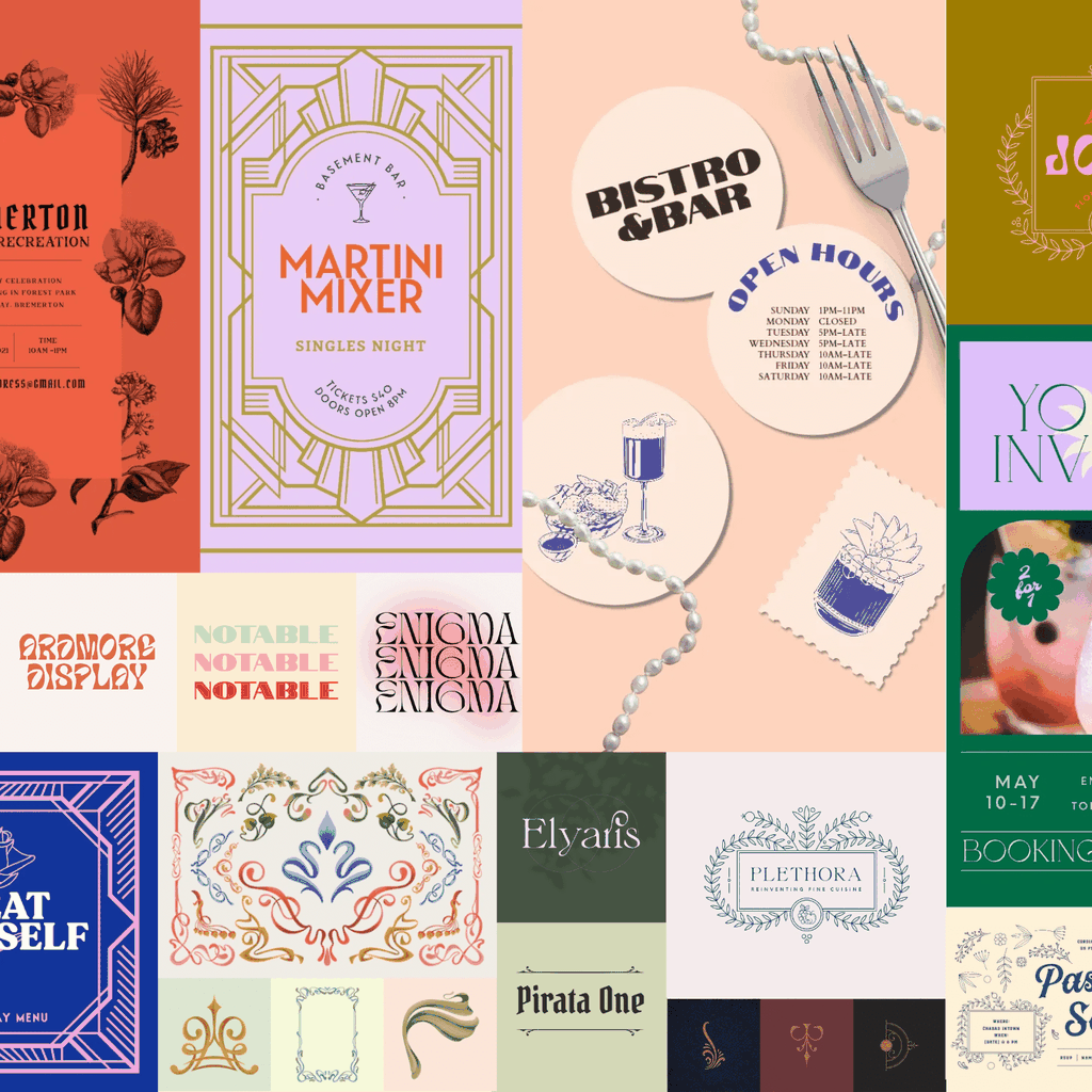 Mood board featuring a collage of designs that rely on old-fashioned background colors, as well as vintage typefaces and design flourishes.