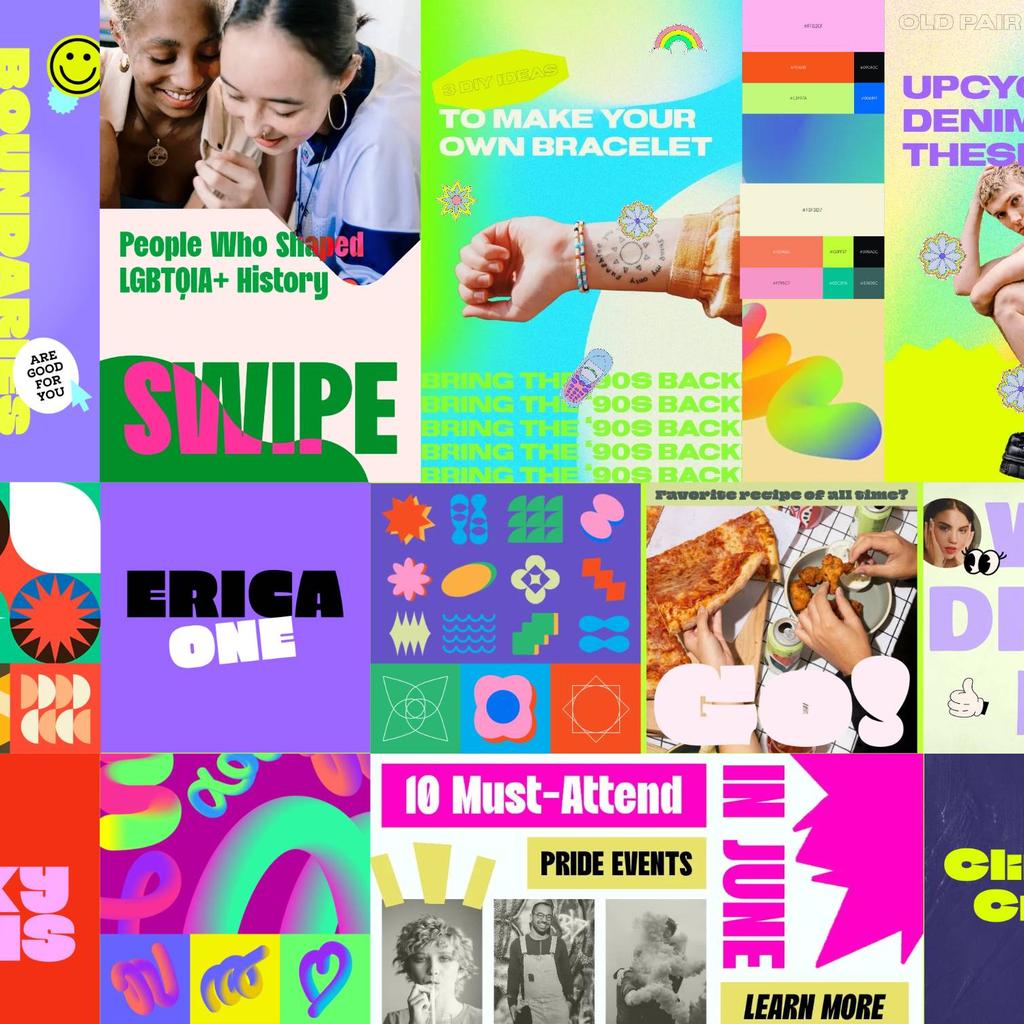 Highly saturated colors - fuschia, lemon yellow, hot pink - and icons dominate this mood board of Year of the Bold design trend. Headlines are set in bold type and reversed out of solid colors for visual impact.