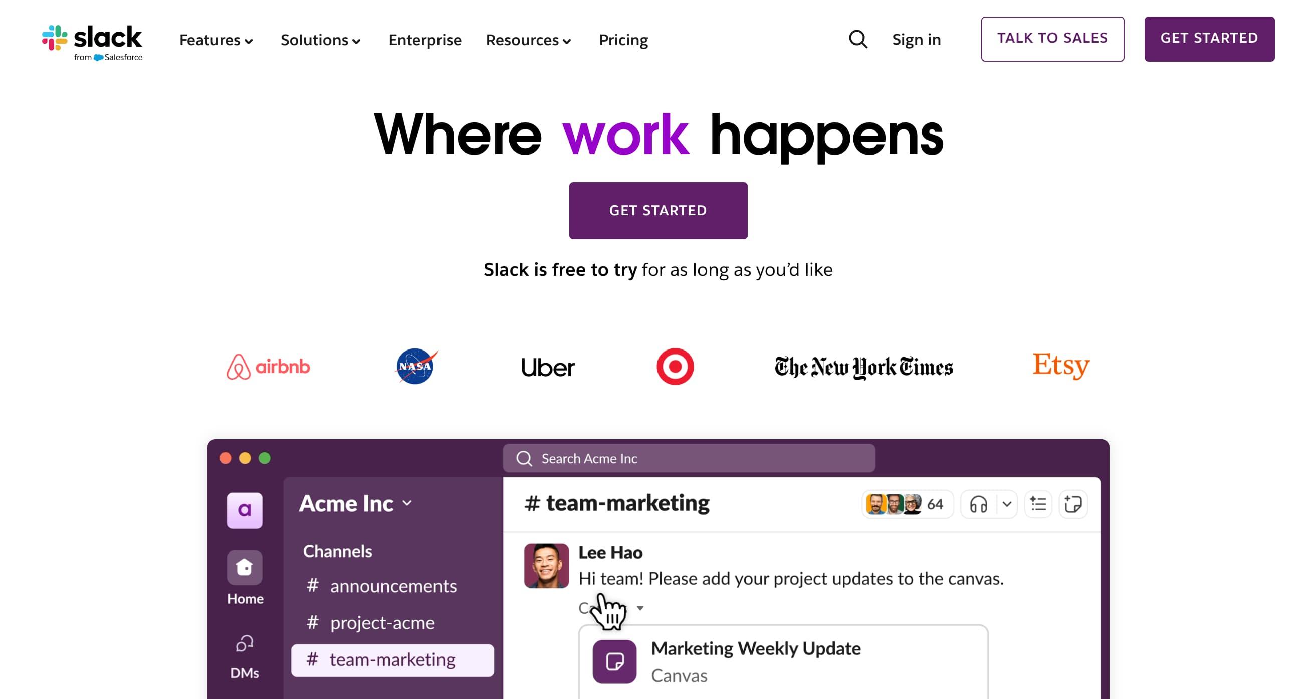 Example landing page from Slack