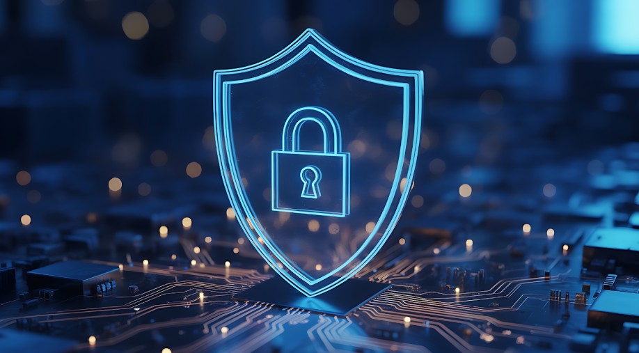 ALT: Circuitry surrounding a blue badge with a padlock in it, representing digital security.