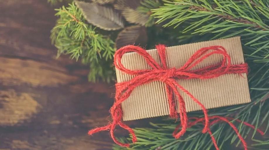 A Wrapped Gift Sits on a Pine Bough