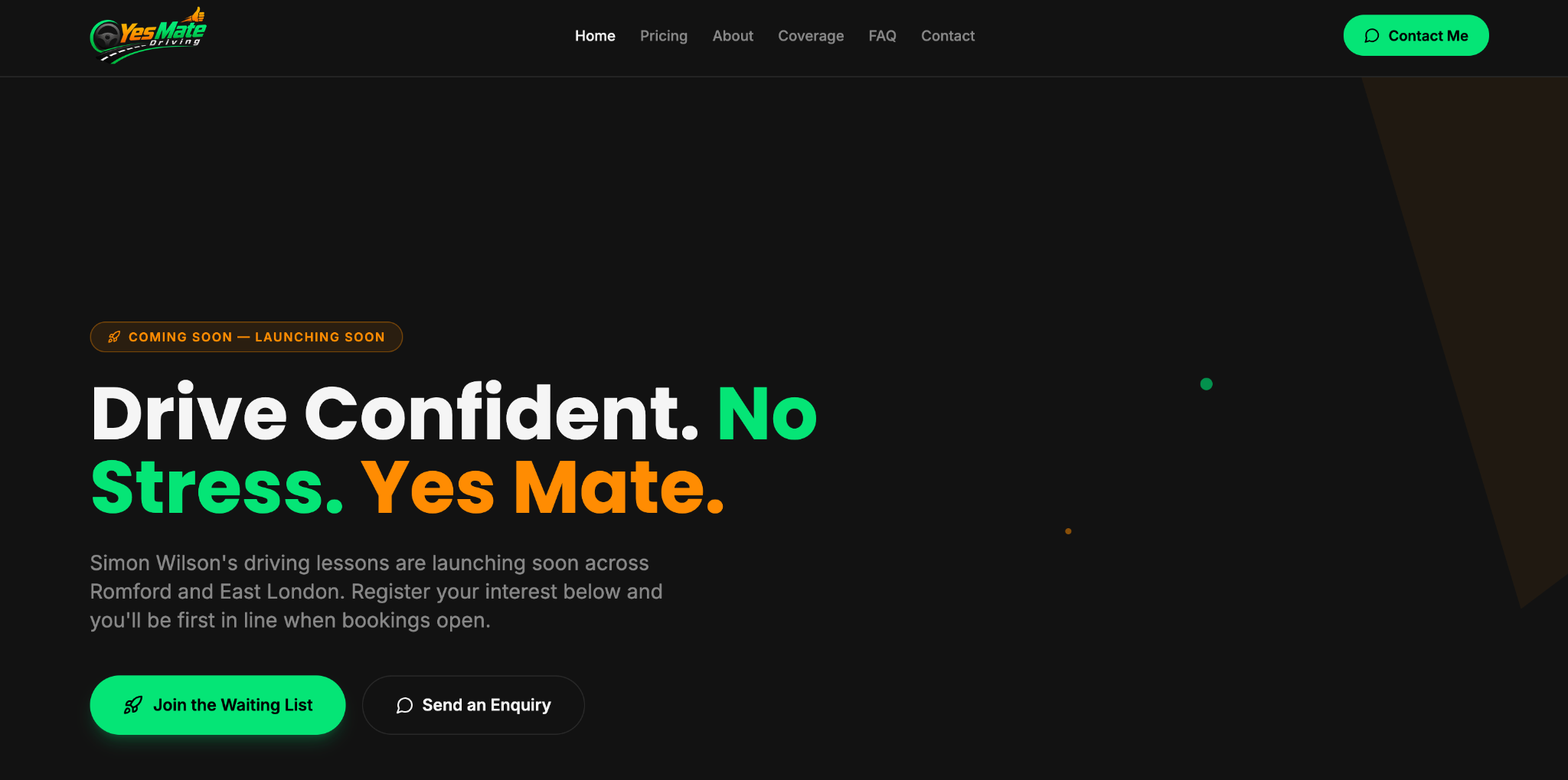 Yes Mate Driving homepage screenshot