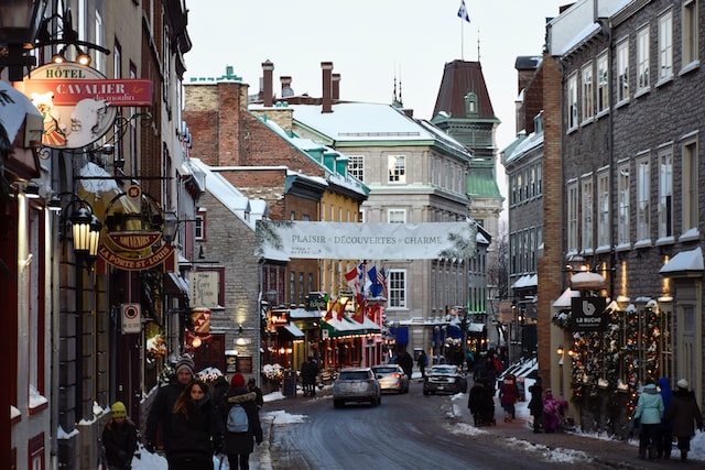 Storefronts in old Quebec in winter