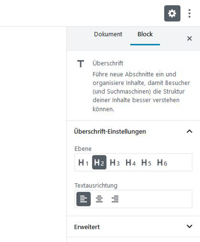 Abbildung - Einstellungen im WordPress Gutenberg Editor - Einstellungen für einen Block oder für das Dokument