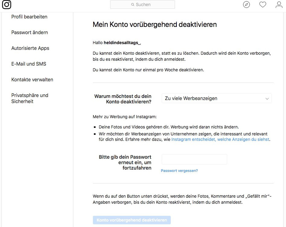 Instagram Account löschen Abbildung-3 - Instagram-Konto vorübergehend deaktivieren