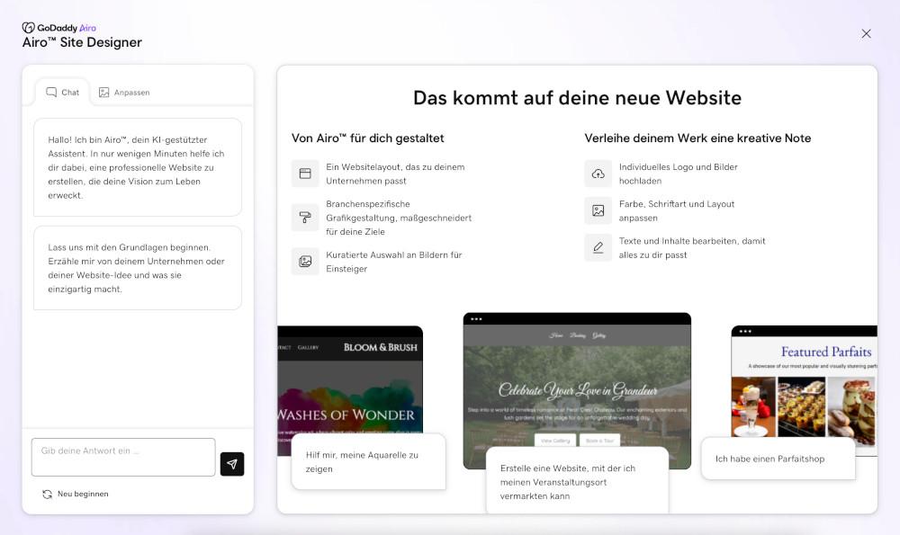 Abbildung: Beschreibe dein Business und Airo erstellt dir die passende Webseite